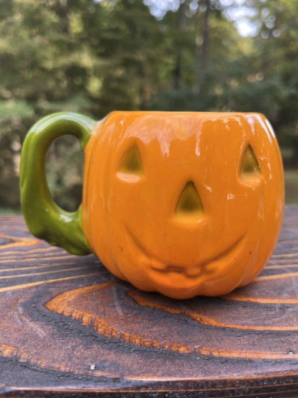 Vintage Jack-O-Lantern Pumpkin Mug With Green Handle - Halloween-Themed Ceramic